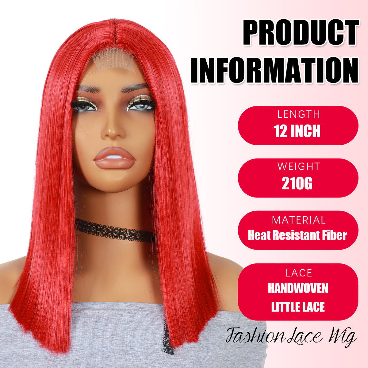 ModeMuse 12" Red Straight Bob Lace Front Wig – Sleek Blunt Cut, Bold Statement Short Wig, Heat Resistant Synthetic