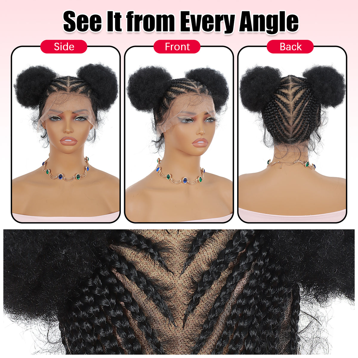 ModeMuse | Full Lace Braided Wig 1B – Hand-Braided Cornrow Buns, Baby Hair, Protective Style Wig, Ready-to-Wear
