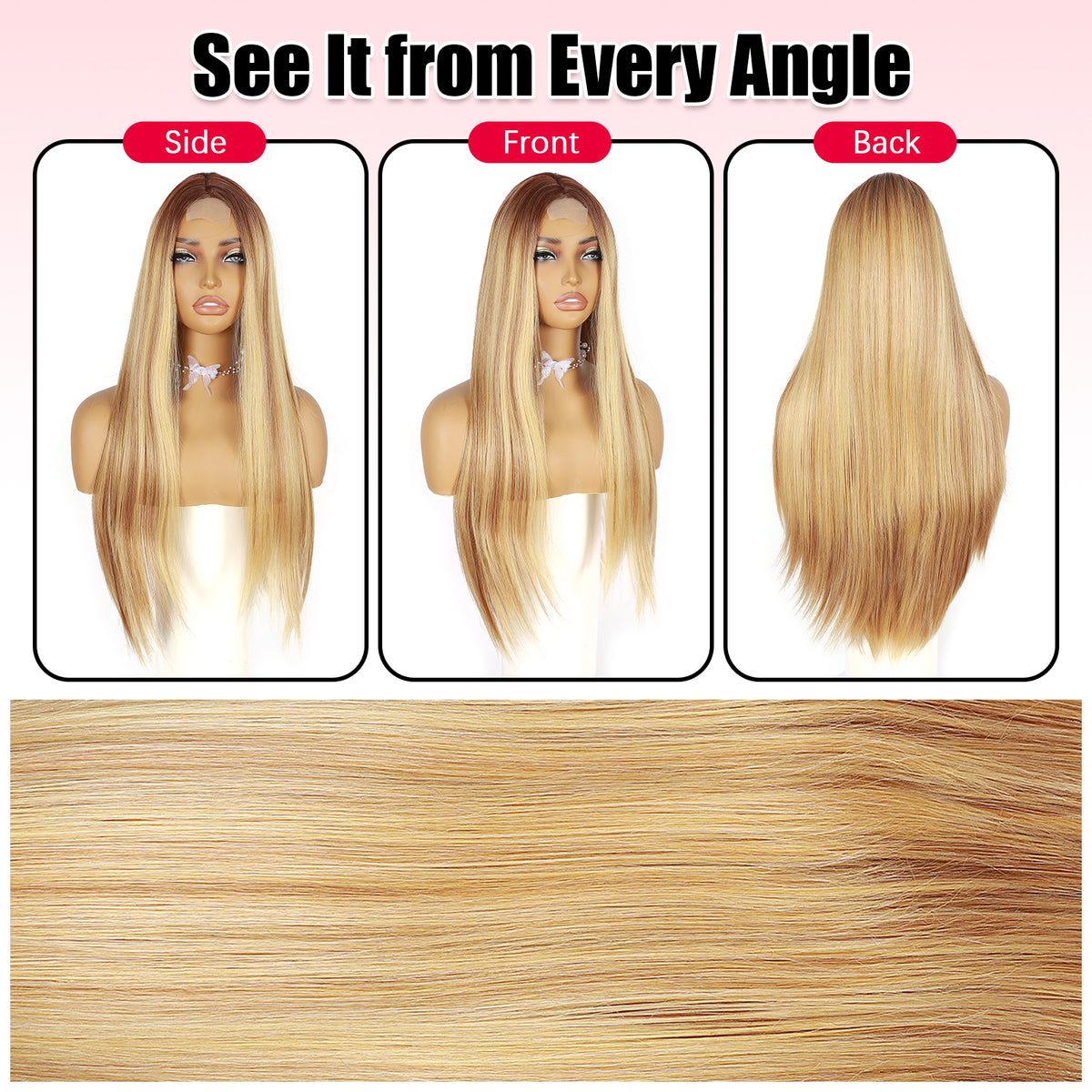 ModeMuse 28" Blonde Straight Lace Front Wig – Dark Root Long Sleek Synthetic Wig with Soft Glam Finish (XT279)