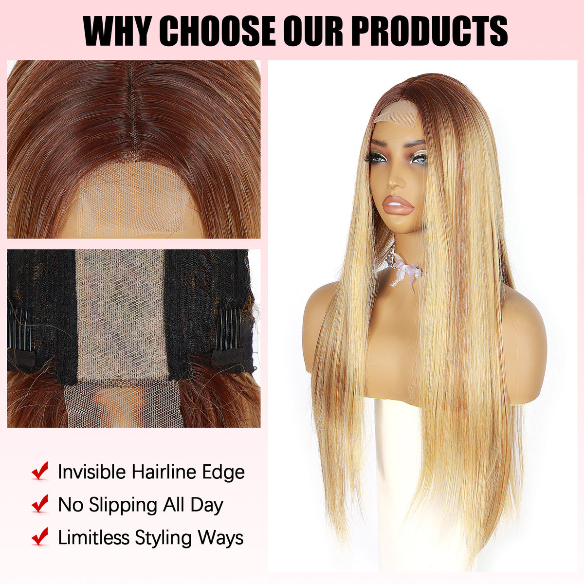 ModeMuse 28" Blonde Straight Lace Front Wig – Dark Root Long Sleek Synthetic Wig with Soft Glam Finish (XT279)